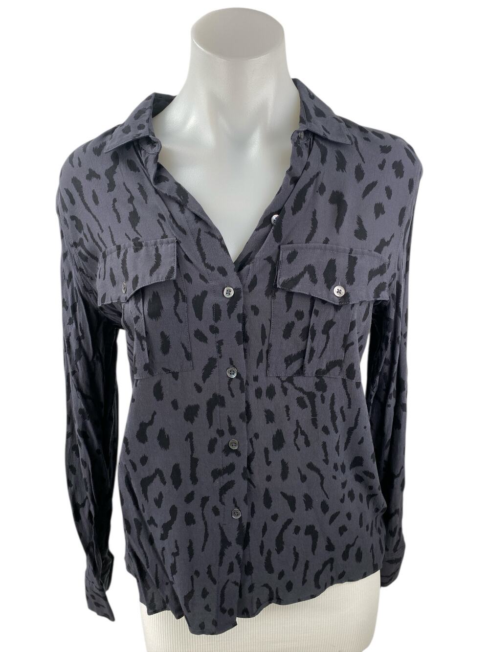 Rails Women's Gray Leopard Animal Print Long Sleeve Button Down Shirt Top Sz XS